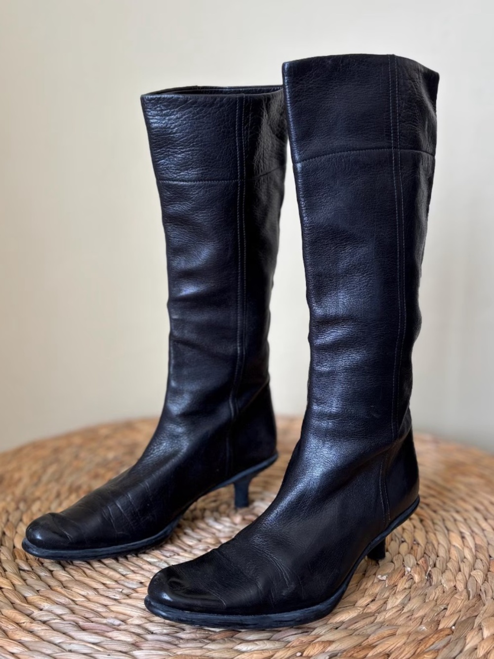 MIU MIU / Knee High Fitted Kitten Heel Boots / Lug Sole Black Leather / 37 PRADA